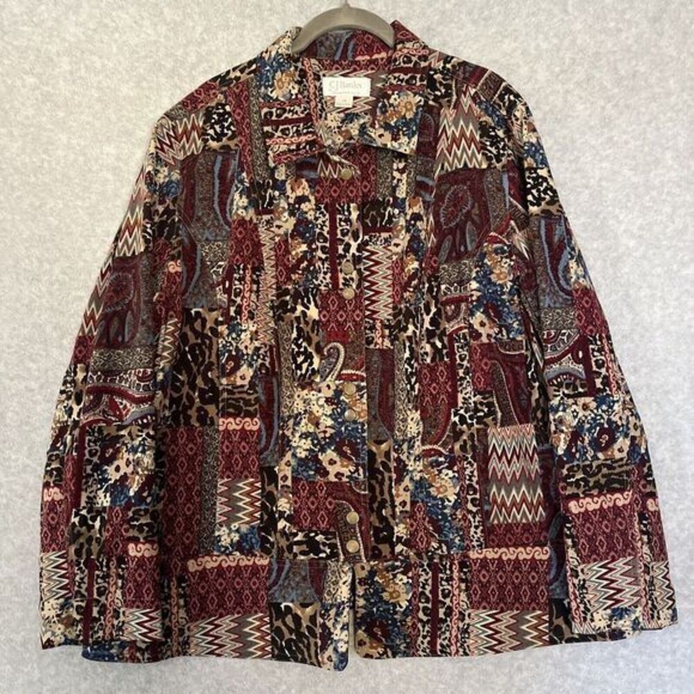 CJ Banks Jacket Womens 1X Multi Artsy Button Velvet Patchwork Aztec Paisley Boho